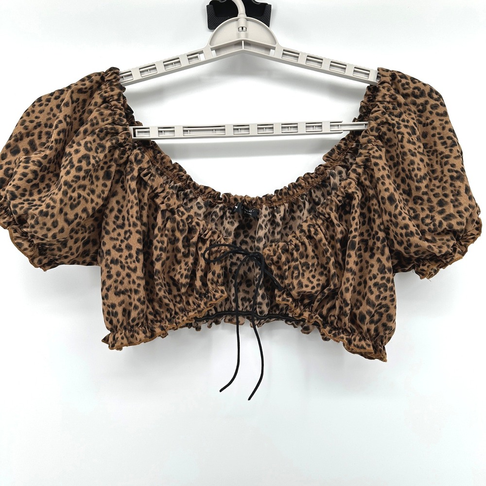 SHEIN Leopard Print Puff Sleeve Crop‎ Top Tie Front Ruffle Size 8-10 Boho Indie